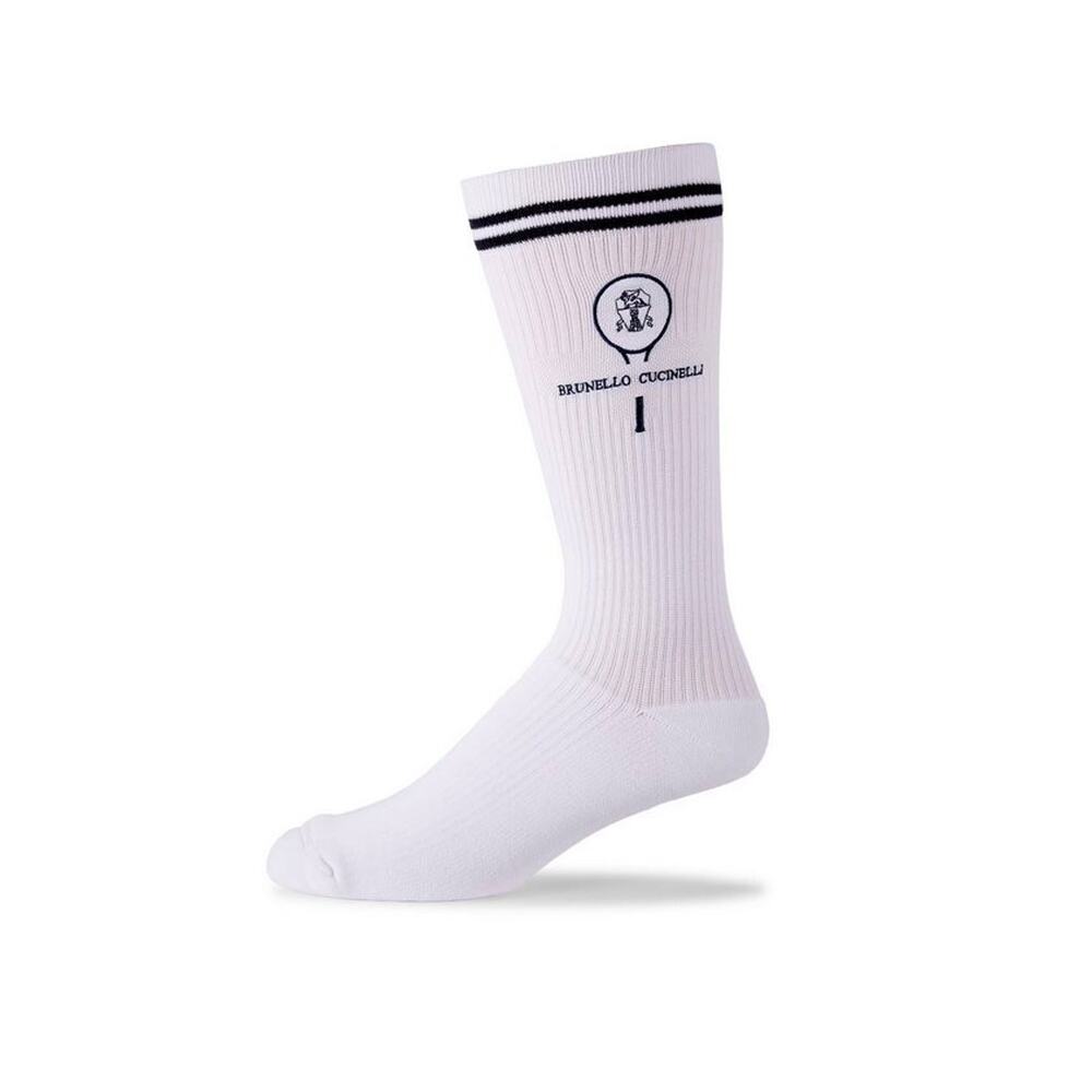 $490 NWT Brunello Cucinelli White Cotton Blend Striped Logo Crew Socks XS